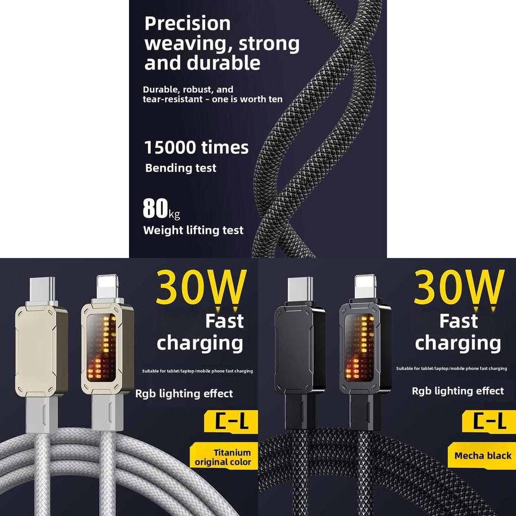 Apple Lightning And Typec Fast Charging Data Cable With Rgb Breathing Light For Tablets And Smartphones
