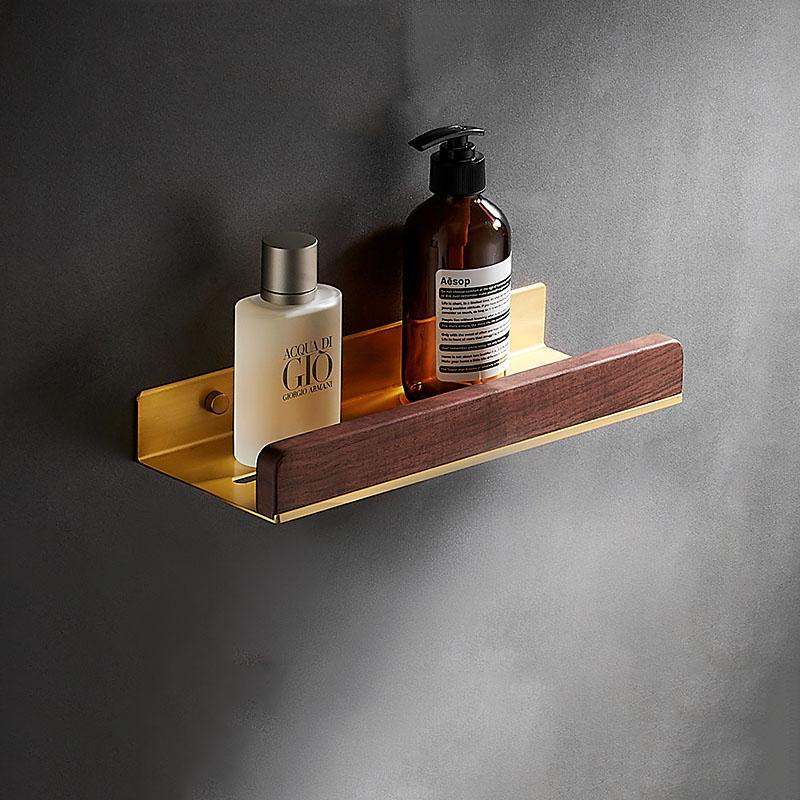 30-50cm Brushed Gold Bathroom Corner Shelf Wall-mounted Shower Room Toilet Walnut Wood Cosmetic Storage Rack with Hook Rod