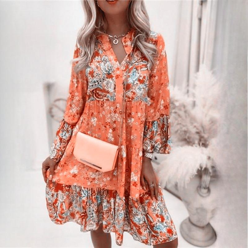 

Женская мода богемный цветочный принт V-образный вырез мини платья повседневные свободные элегантные дамы пляжная вечеринка расклешенные рукава платье XXXL оранжевый