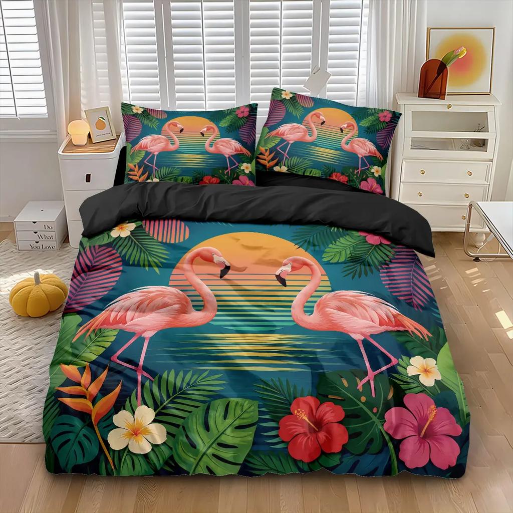 2/3pcs Flamingo Forest Animal Print Coreless Duvet Set,Multi Size Bedroom Bedding Decoration Machine Washable
