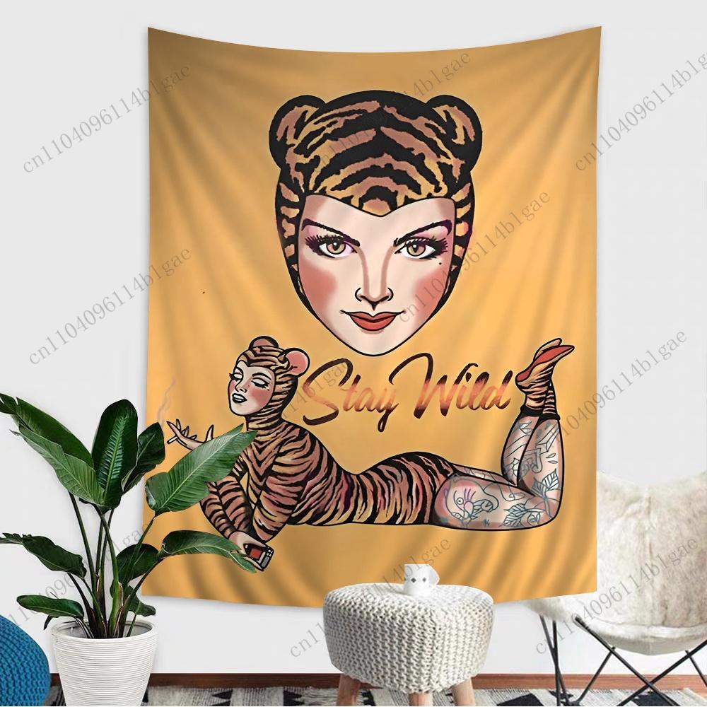 

Tiger striped Lady Wild Style Art Tapestry Beauty Themed Room Decoration Wild Lady Wall Tapestry Personalized Bedroom Tapestry 74x94cm(29x37in)