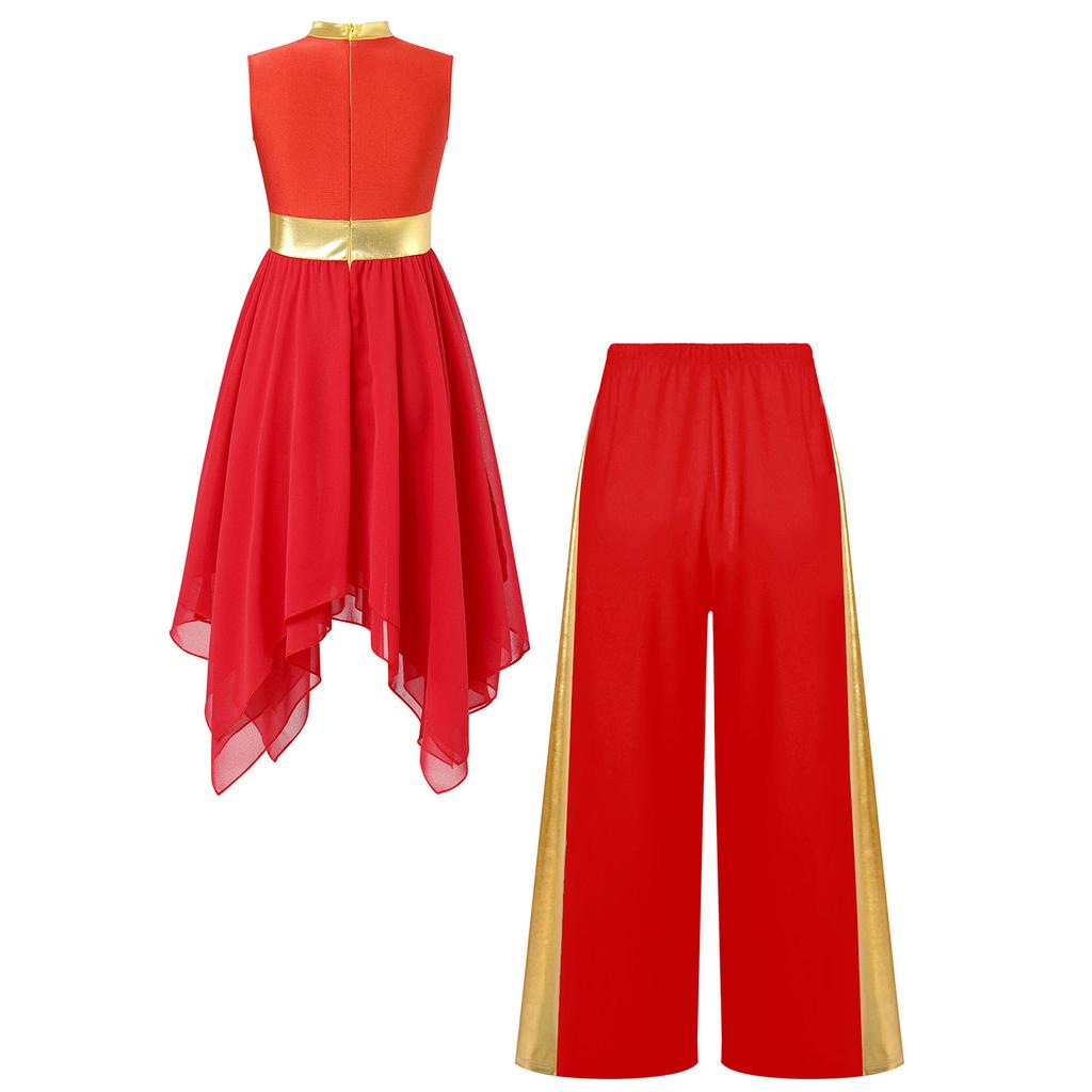 Girls Liturgical Dance Outfit Metallic Patchwork Sleeveless Dress with Asymmetrical Hem and Matching Wide Leg Pants