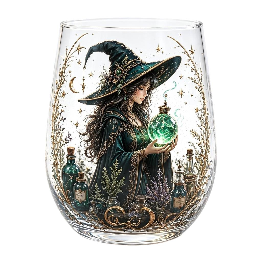 Witch Crystal Ball Stemless Glass Cup Pumpkin Moon Star Occult Fantasy Halloween Cocktail Gift Tumbler