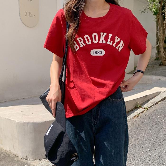 

Pure cotton four-color pure cotton new summer short-sleeved female alphabet Korean version versatile T-shirt tide XXL червоний