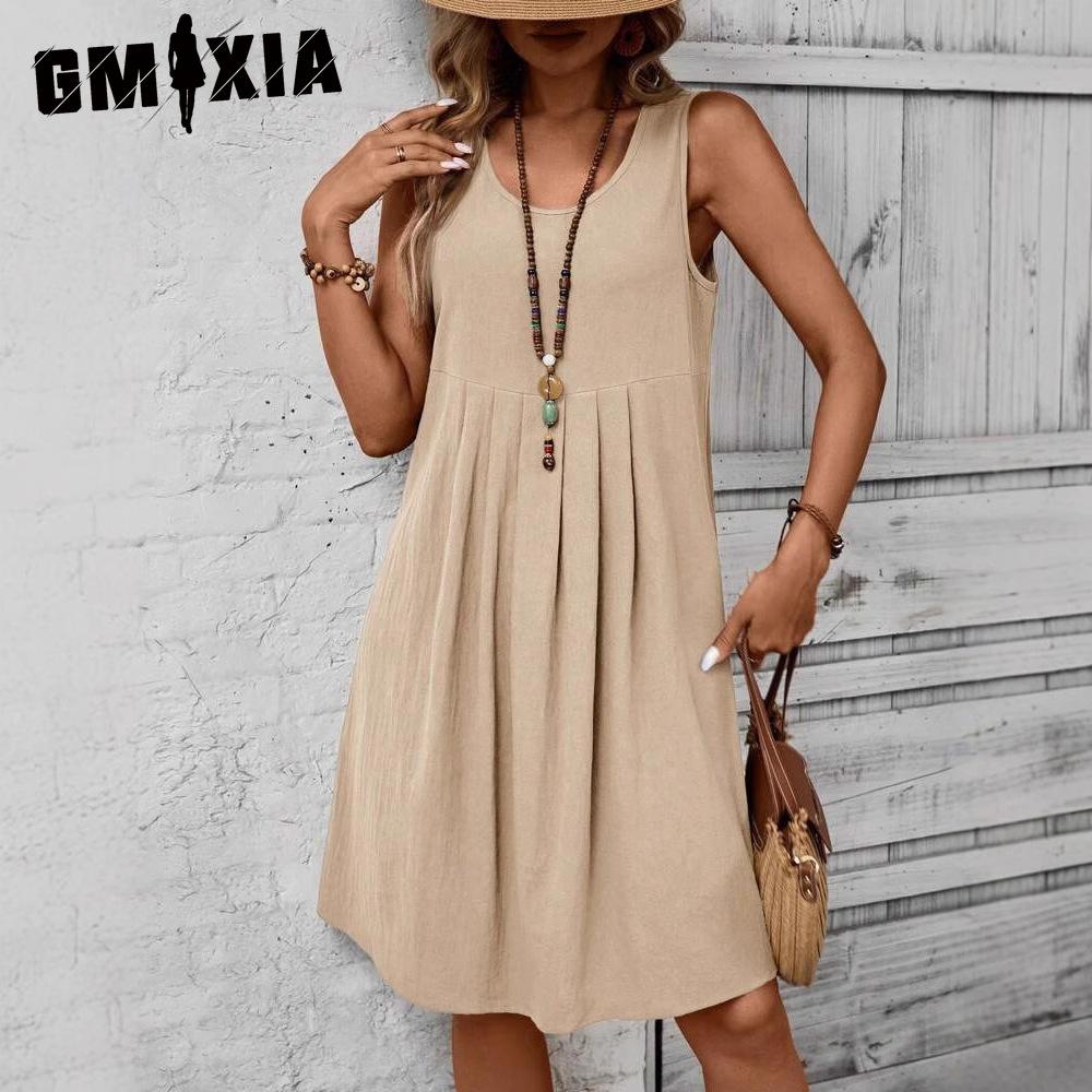 

GMXIA Женские модные летние весенние однотонные повседневные платья без рукавов с круглым вырезом и высокой талией XXL хаки