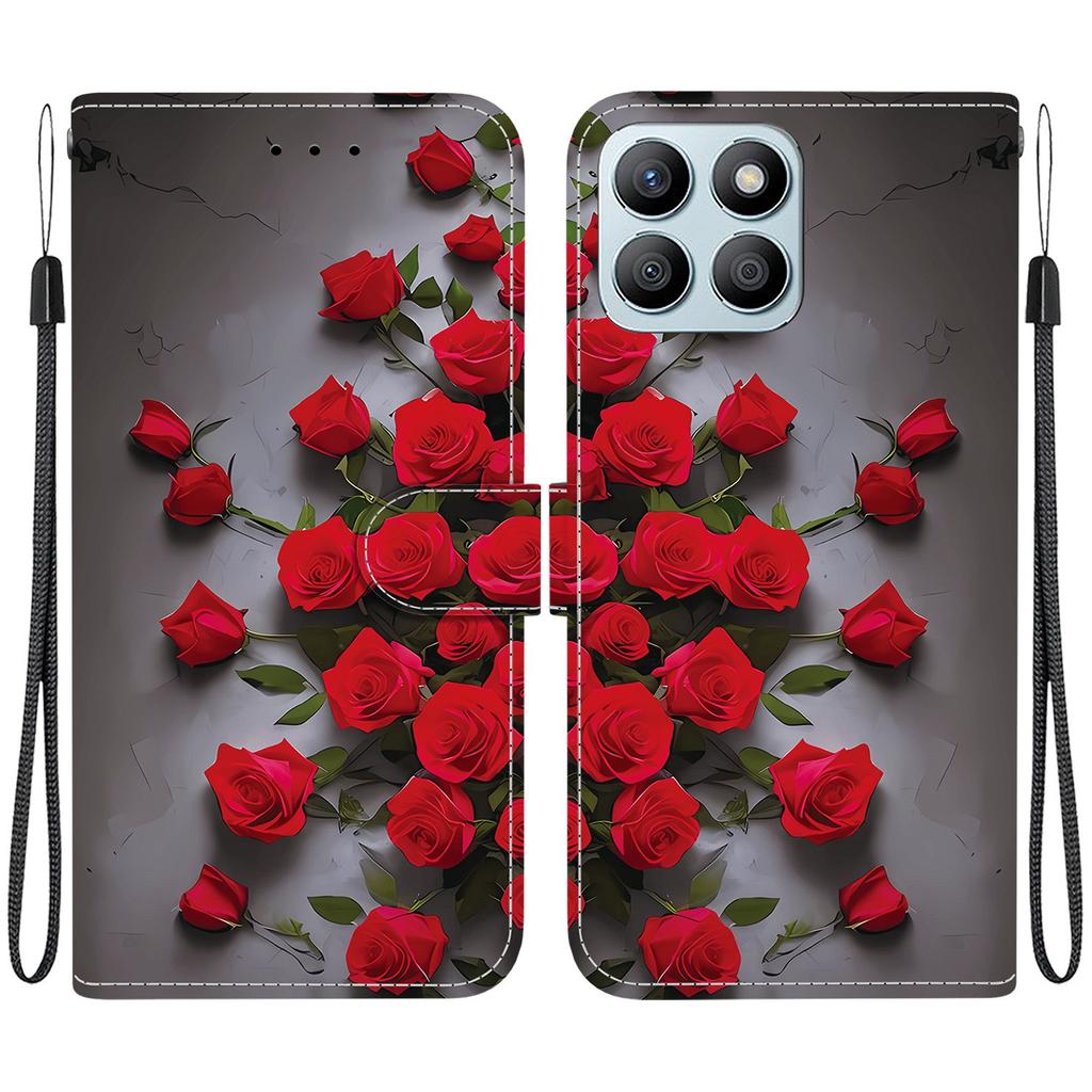 Handmade PU Leather Flip Case for Honor X8b Anti-Slip Shockproof Cover with Wrist Strap & Heart/Rose Cat Designs