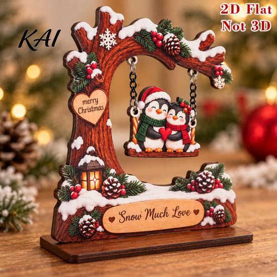 Festive Tabletop Display Wooden Christmas Swing Ornament, Cute Santa Claus Reindeer Penguin 2D Winter Theme Home Accents Flat Decoration for