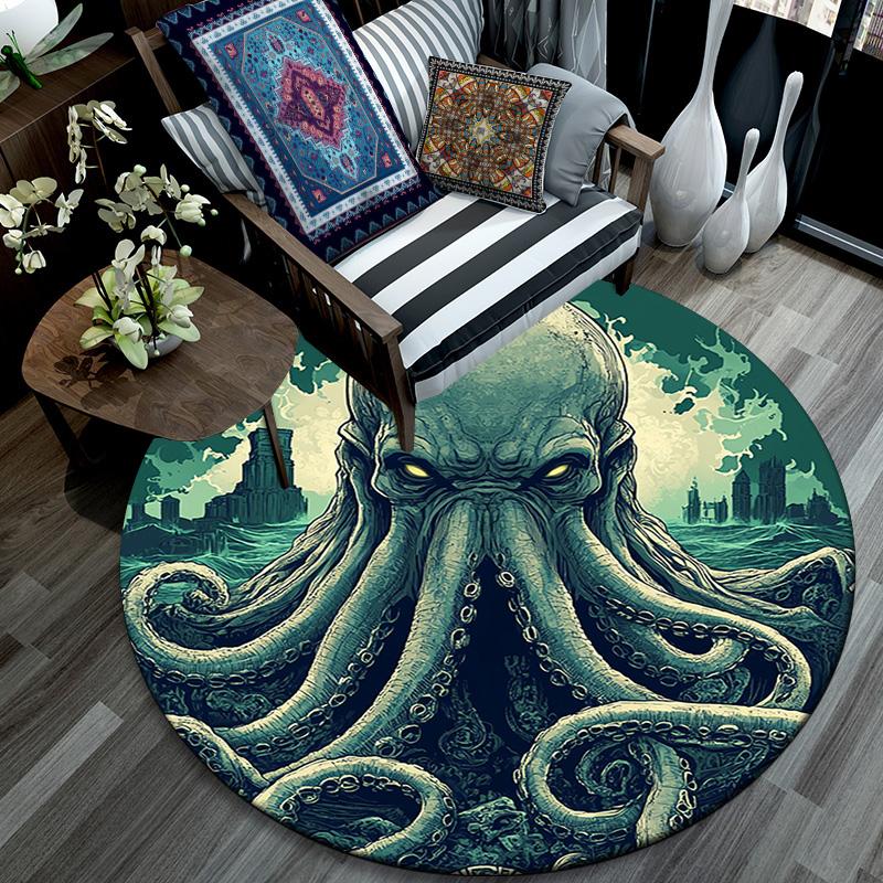 Green Octopus Round Area Rug,Carpet Rug for Living Room Bedroom Sofa Playroom Decor,Non-slip Floor Mat