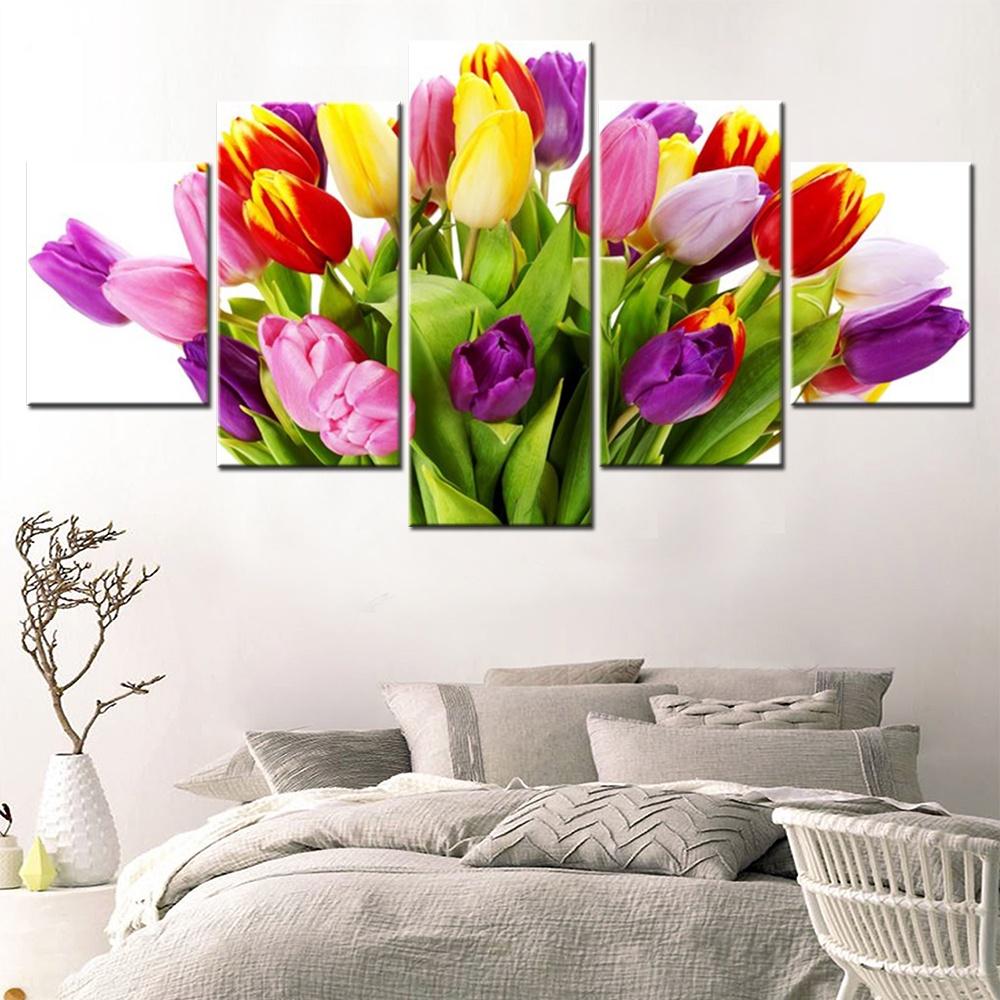 5 Pieces Canvas Wall Arts Poster Painting Tulips Flowers Bouquet White Background Home Decor Modular Picture Print Living Room