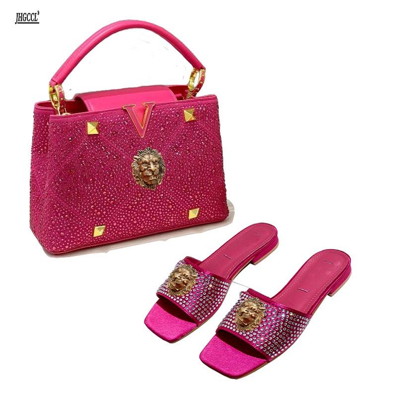 Fashion High-end Diamond Rose Red Women's Slippers Fish-mouthed Back Hollow Lion Cool Slippers Rhinestone Slippers Chain Bag Set B9