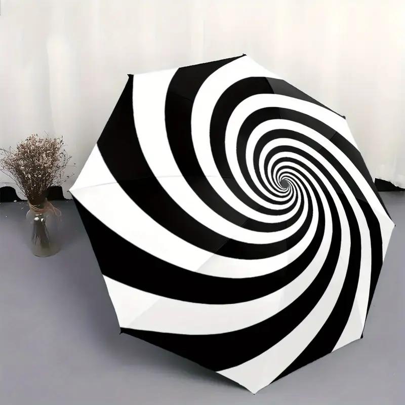 

Automatic Folding Umbrella with Black and White Spiral Design, 8-Rib Auto Open/Close, Portable Compact Foldable Umbrella with