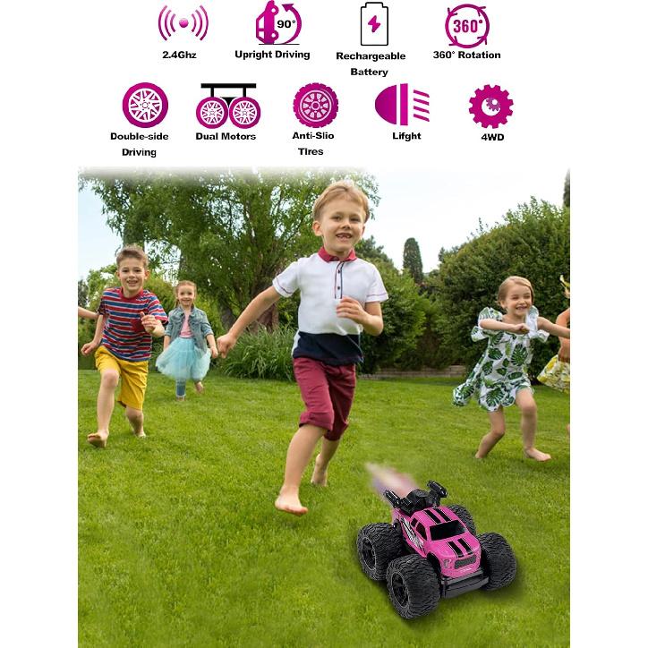 Monster Truck for Girls, Girls Remote Control Car Toys, Pink RC Trucks with Spray Function, 4WD 360° Flips Rotating Car Toys for Girls, Ideal