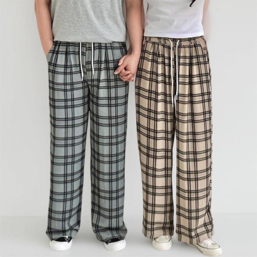 New Arrivals Open Run Unisex Check Pattern Color Homewear Wide Pants