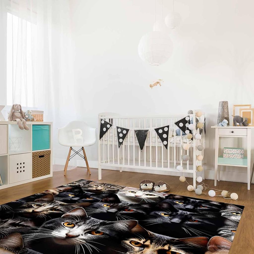 Cat Washable Area Rugs Pet Animal Cat Ears Eyes Non Slip Rugs for Living Room Bedroom, Low Pile Floor Mat Large Indoor Carpet