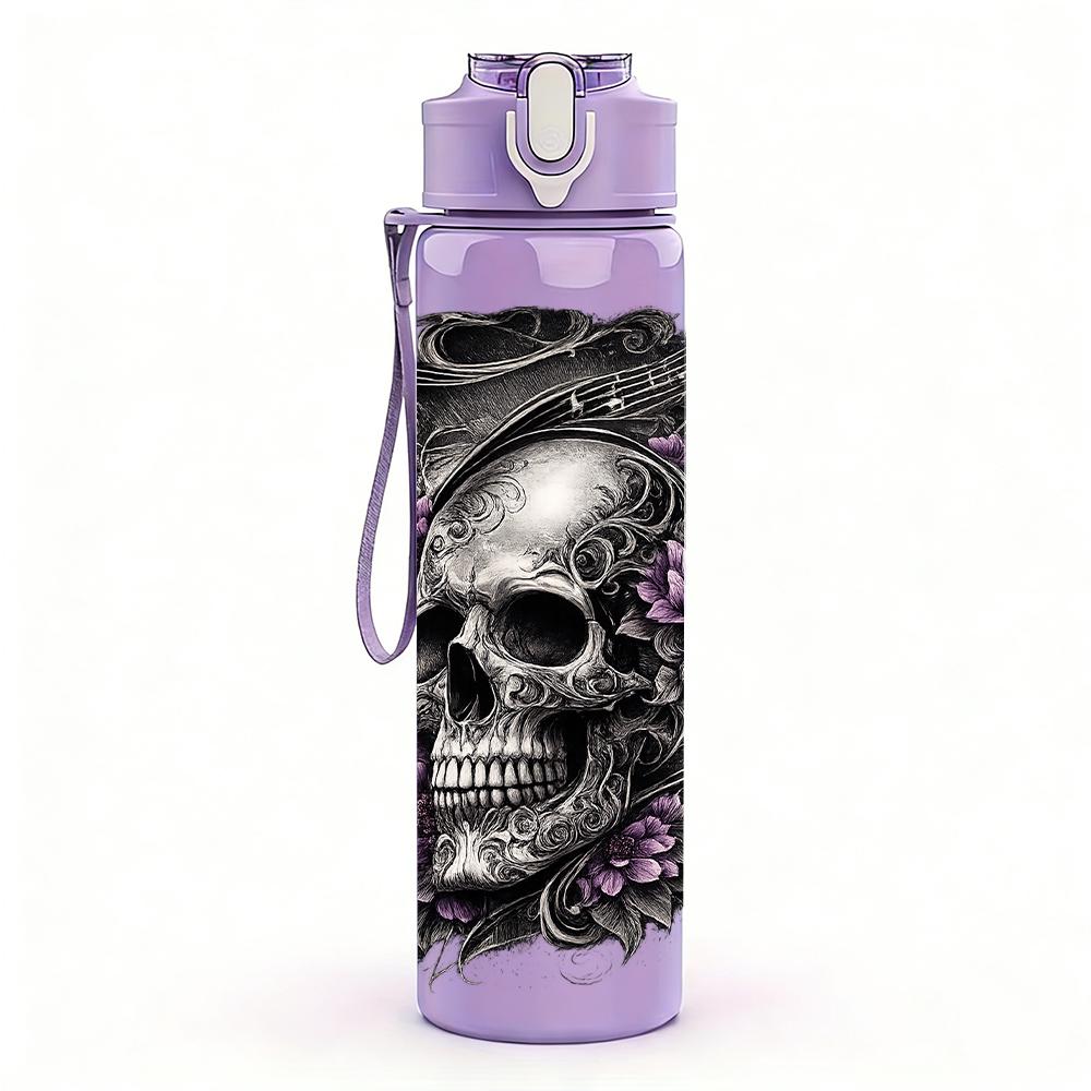 1PC Floral Vine Wrapped Dark Skull Bust 750ml Color Plastic Water Bottle Leakproof Flip Straw Lid For Sports Office Home Use