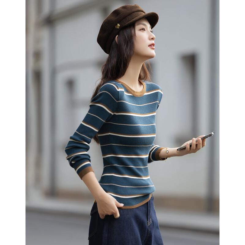 Women's Autumn Striped Slim-fit Knit Sweater with Merino Wool Blend