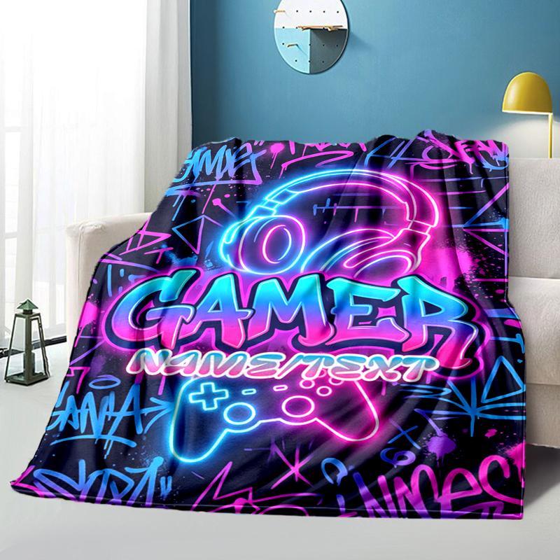 1PC Custom Name Gamer Neon Artwork flannel blanket versatile,all-season throw suitable for the living room,bedroom,camping,travel,and gift