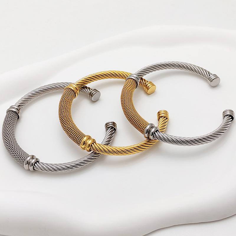 Stylish European-American 18K Gold Stainless Steel Wire Bracelet for Women, Geometric Open Design, Inlaid with Colored Diamonds, Colorfast.