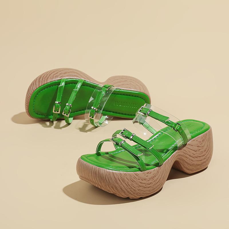 

Thick-soled cool slippers women s summer new wedge heel muffin fashion outer wear one-word buckle with open-toed slippers Roman shoes women 40 зелёный