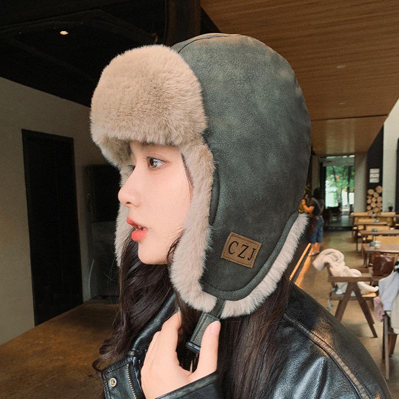 Adult Leather Waterproof and Warm Lei Feng Hat Men's Outdoor Motorcycle Ski Plus Velvet Flying Hat Women's Ear Protection Hat
