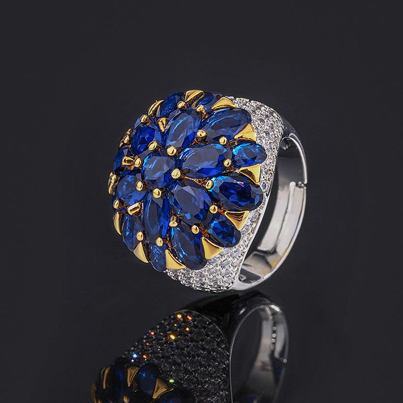 

Pigeon Blood Red Palace Style Flower Ring Retro Blue Pointed Zirconia Corundum Color Treasure Opening