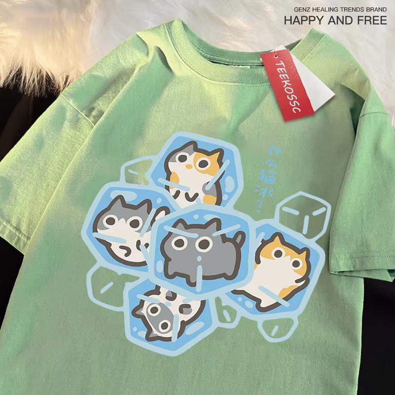 2026Ice Cat Fun Cartoons Cats Print Clothes Unisex Women Oversize BreathableTShirt SummerComfortableCasual T-ShirtCotton Tee Shirt