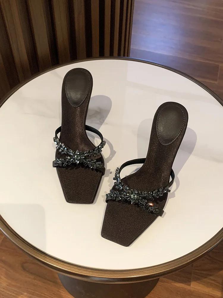 New Summer Women's High Heel Sandals Cross Rhinestone Square Head Open Toe Sandals Silk Sexy Stiletto High Heels Mules