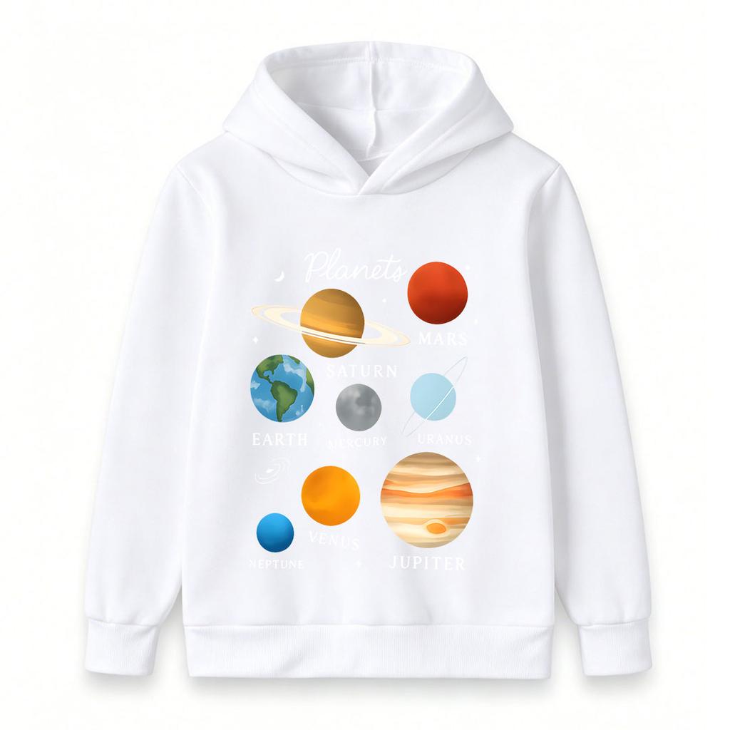Kids Boys Girls Pullover Hoodie, Cute Solar System Planets Graphic Casual Long Sleeve Hooded Sweatshirt for Astronomy Space Lover Children Daily Wear