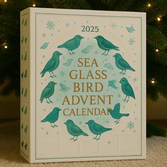 Meeresglas Vogel Adventskalender 2025 24-Tage Weihnachts-Countdown-Box mit Acryl-Vogelornamenten Einzigartiges Weihnachtsgeschenk für Naturliebhaber