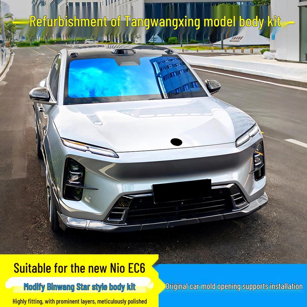 Compatible with 25 NIO EC6 models, the Pluto kit includes a front lip with lights, rear lip, rear spoiler, top spoiler, wheel arches, and side skirts.