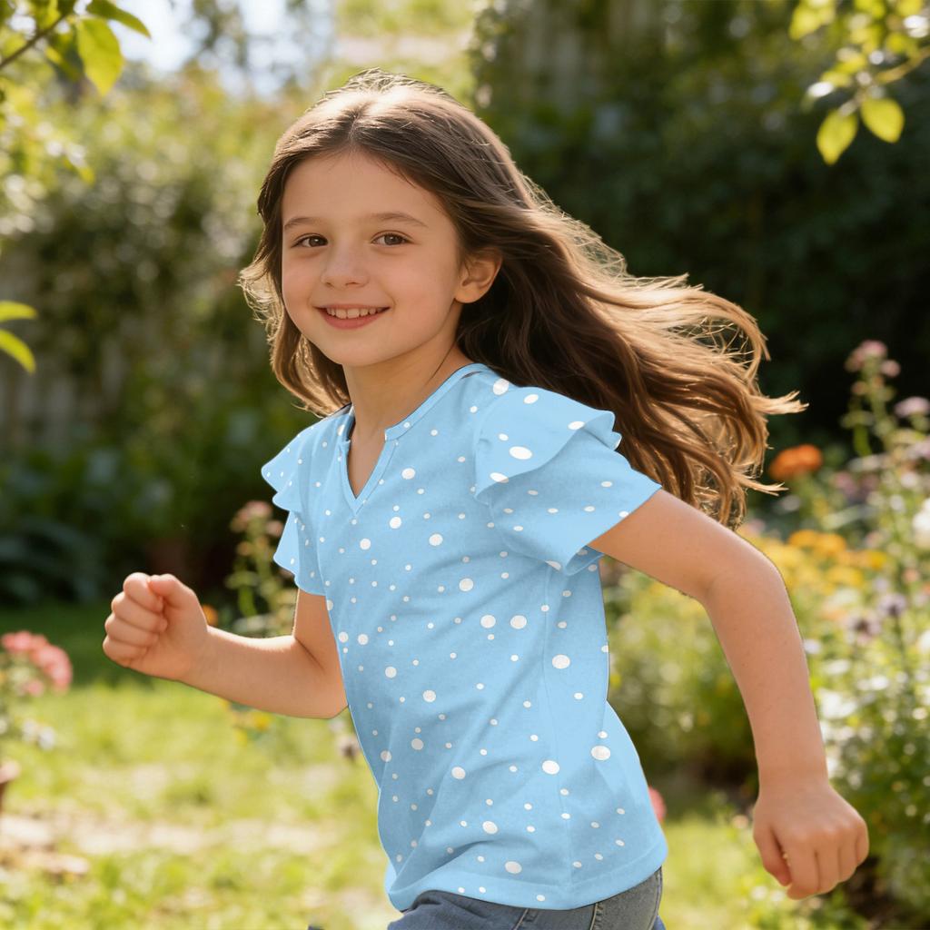 Girls V Neck Ruffle Sleeve Polka Dot Print Short Sleeve T Shirt Casual Blouse Lightweight Summer Top for Kids