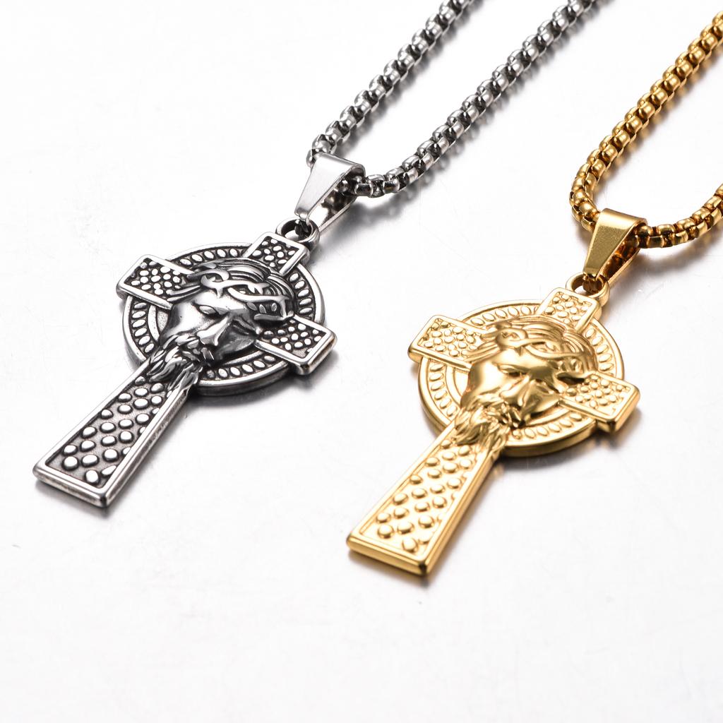 Stainless Steel Jesus Face Cross Pendant for Men Women Punk Amulet Orthodox Cross Necklace Chain Charms Jewelry Gift