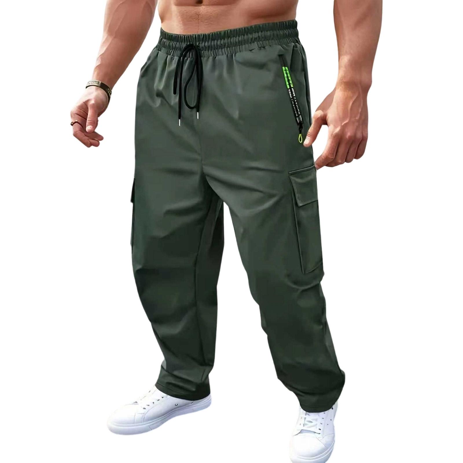 

Mens Casual Cargo Pants with Zipper Pockets Drawstring Waist Multi Pocket Loose Fit Breathable Athletic Workout Trousers M