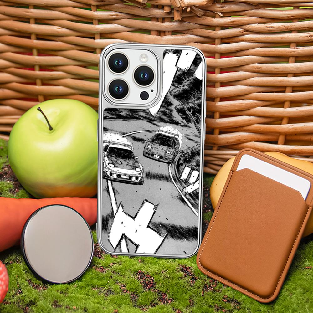 Racing Initial D Anime Sports Car Phone Case for iPhone 16 15 14 13 12 11 Pro Max Sheepskin Silver-edged Protective Case