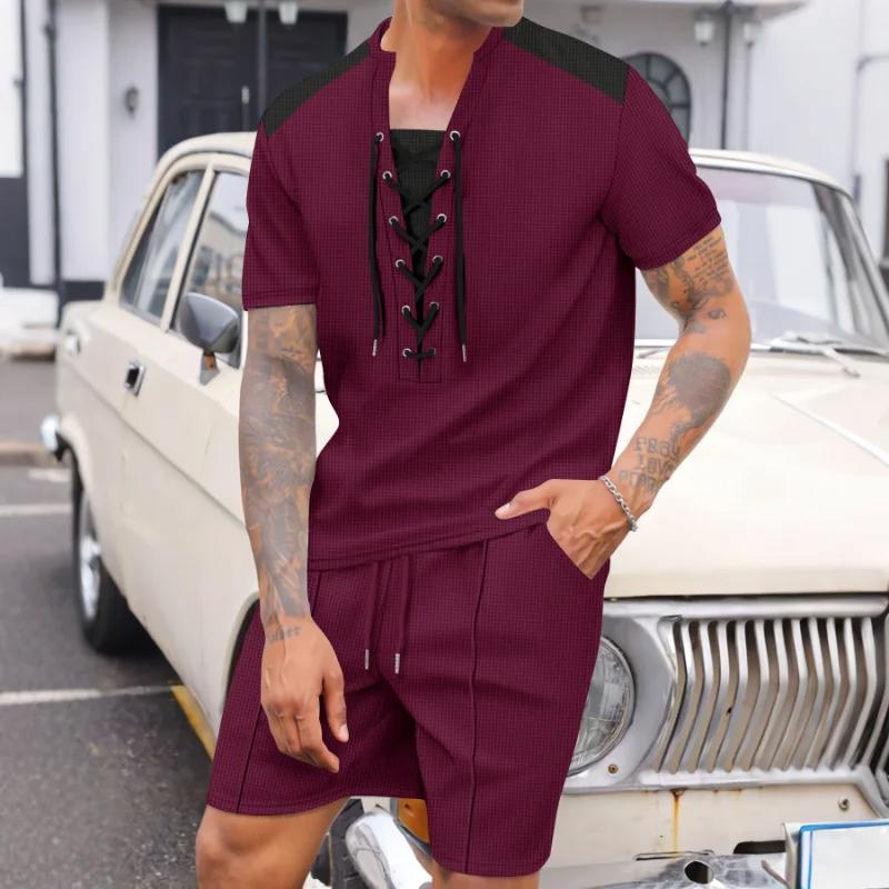 Men's Summer Lace-Up T-Shirt Shorts Set Casual Contrast Shoulder Two-Piece Outfit