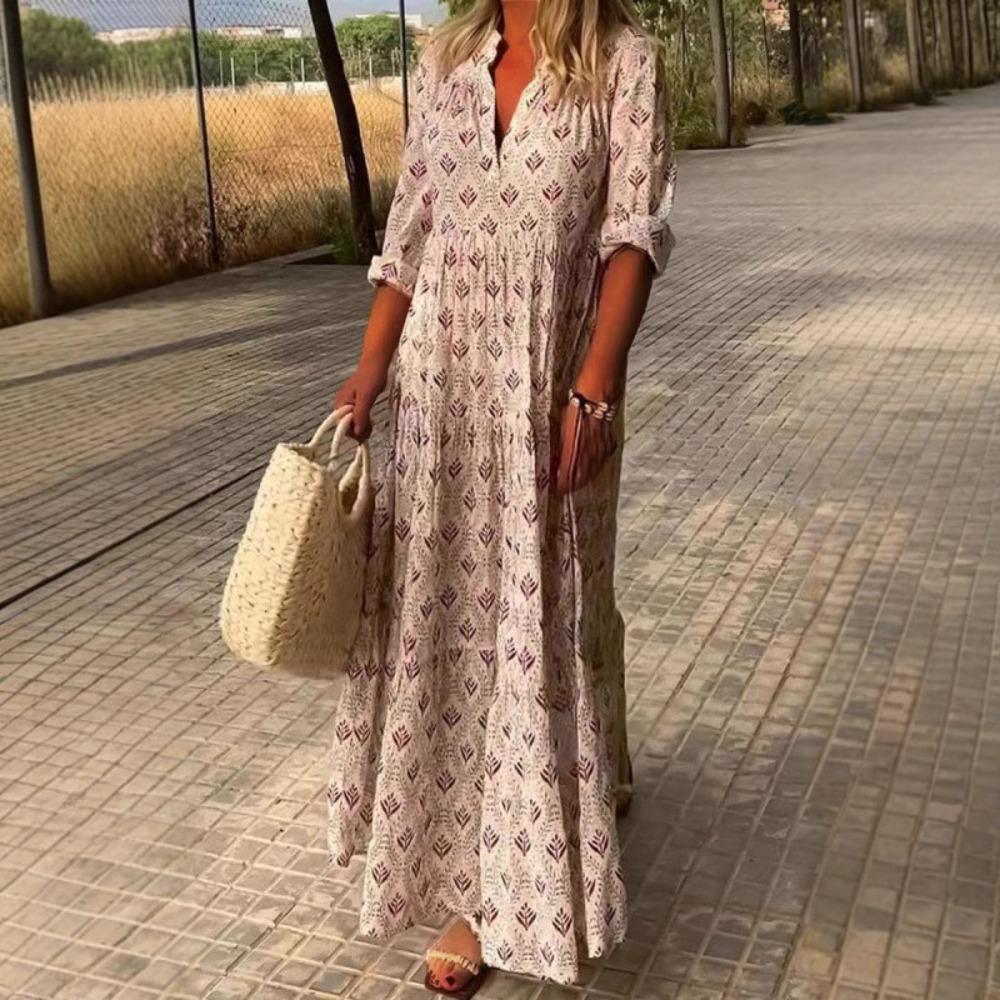 Damen V-Ausschnitt Langarm Maxikleid Oversized Lässig Geometrischer Print Urlaubs-Kleid