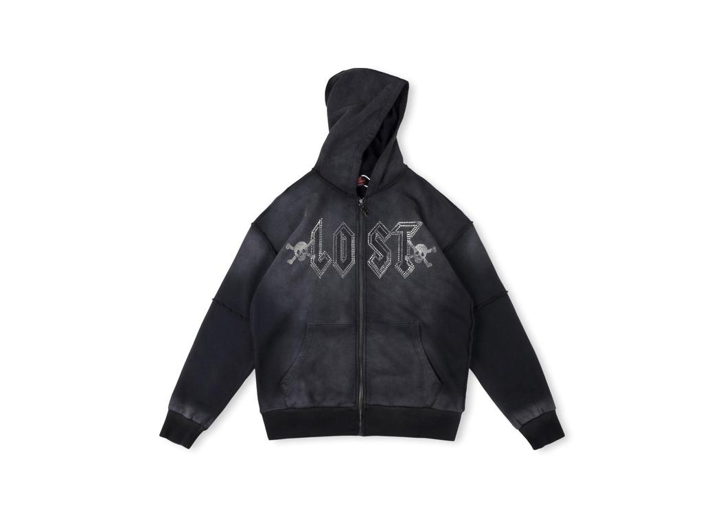 24FW American Street Style Skull Rhinestone Zip-Up Hoodie Sweatshirt with Large Logo