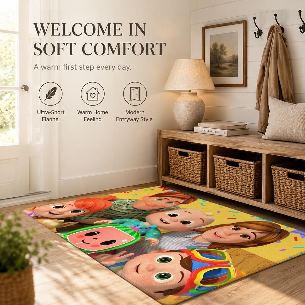 Cute C-CoComelon Floor Mat Cozy Minimalist Flannel Area Rug Anti-Slip Washable Bedroom Living Room Decor