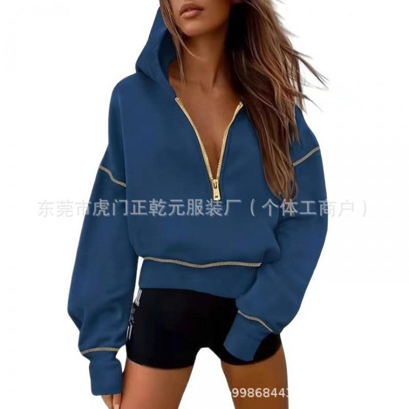 Womens Loose Fit Hooded Sweatshirt Casual Zip Up Solid Color Pullover