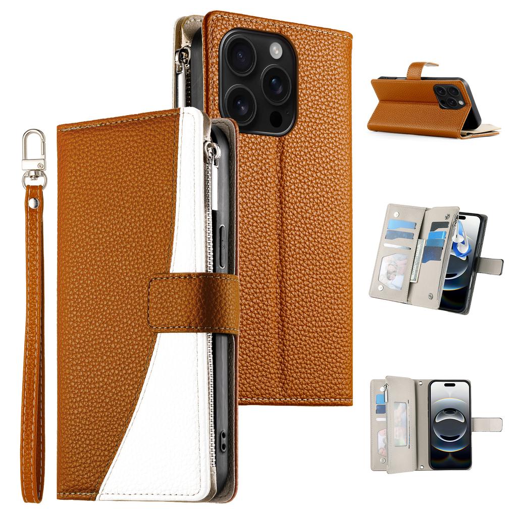 For iPhone 16 Pro Case Zipper Pocket Wallet Color Splicing Leather Flip Phone Cover with Straps