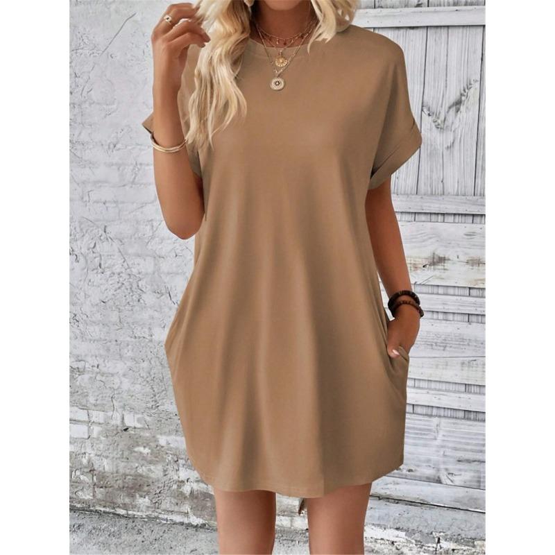 Women Casual Solid Color Round Neck Bat Sleeve Invisible Pocket Loose Short Sleeved Dress
