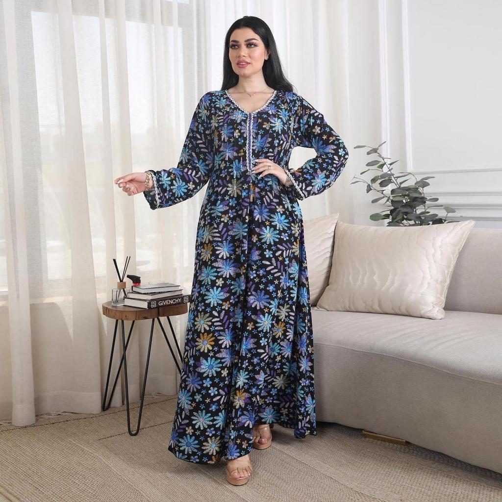 AB341 V-Neck Rhinestone Plus Size Long Dress – Fashion Print Southeast Asian Robe