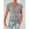 Women Wine Red V Neck Rolled Cap Sleeve Blouse Front Twist Knot Casual Loose T-shirt