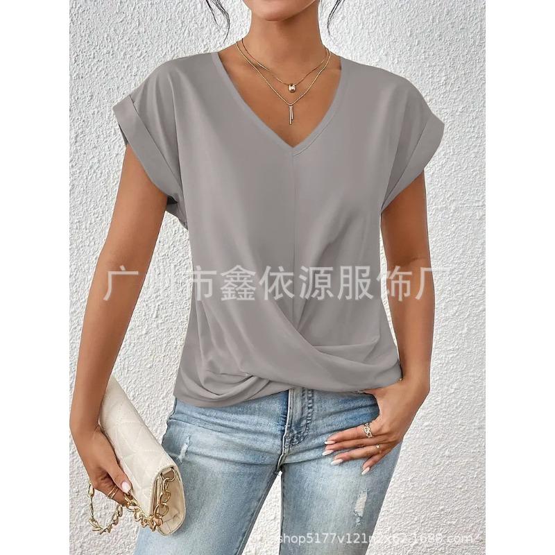 Women Wine Red V Neck Rolled Cap Sleeve Blouse Front Twist Knot Casual Loose T-shirt