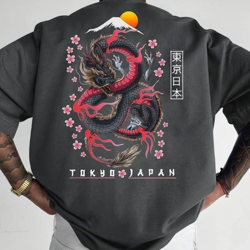 Fashionable Men's Summer New Dragon Print Flower Comfortable Breathable Round Neck T-shirt Outdoor Street Style Top