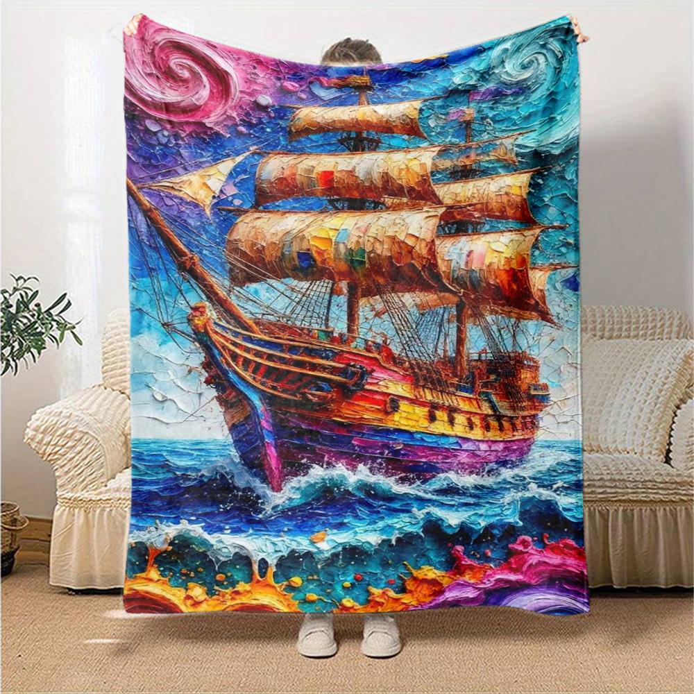 Pirate Ship Art Print Flannel Blanket High Quality Warm Comfortable Cover for All Seasons Perfect for Gifts Home Decor