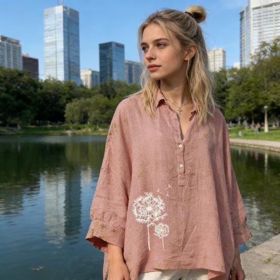 Women Shirt Lapel Buttons Half Placket Batwing Long Sleeve Shirt Tops Loose Fit A-Line Dandelion Print Casual