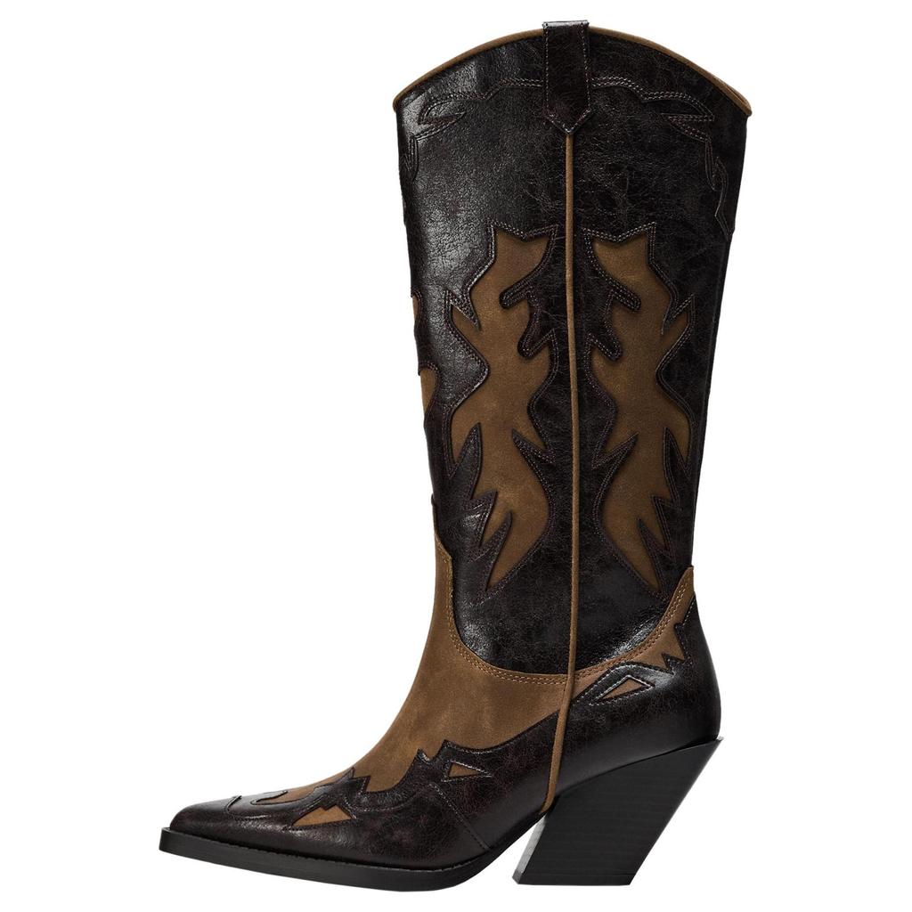 Zara Pu Fashion Versatile Splicing Pointed Toe Vintage Denim Style High Boots 7Cm Women boots Brown 13060410-38
