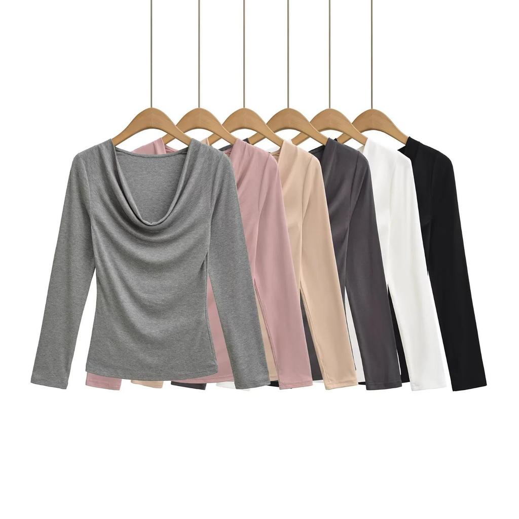 Women's Sexy Slim-Fit Low-Cut Long Sleeve T-Shirt: Spicy & Chic Solid Color Base Layer