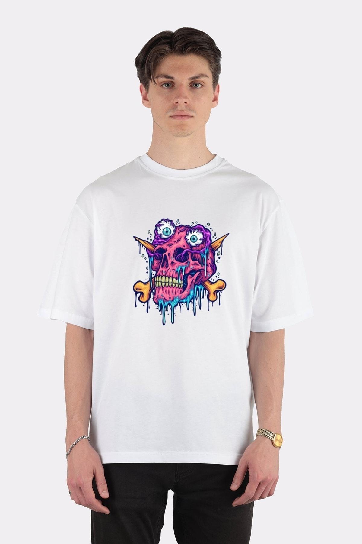 

Unisex Beyaz Oversize T-shirt Scary Zombie Skull Head